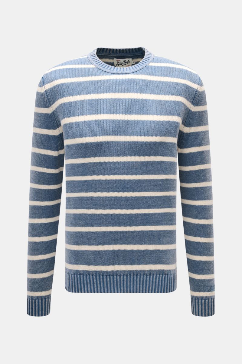 Front view of the MC2 Saint Barth Crew neck jumper 'Sydney Cotton' smoky blue/cream striped, a slim fit pure cotton jumper with classic stripes, crew neck, and ribbed cuffs with tonal logo stitching.

Description: Dancing barefoot on a table: The 'Sydn