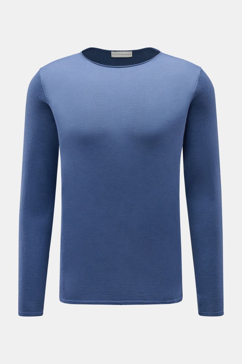 Front view of Kiefermann Merino crew neck jumper 'Benjamin' blue in pure merino wool, soft feel, very fine knit, regular fit, crew neck.

Description:
A luxurious basic piece: This crew neck jumper by KIEFERMANN offers maximum comfort in a timeless fin