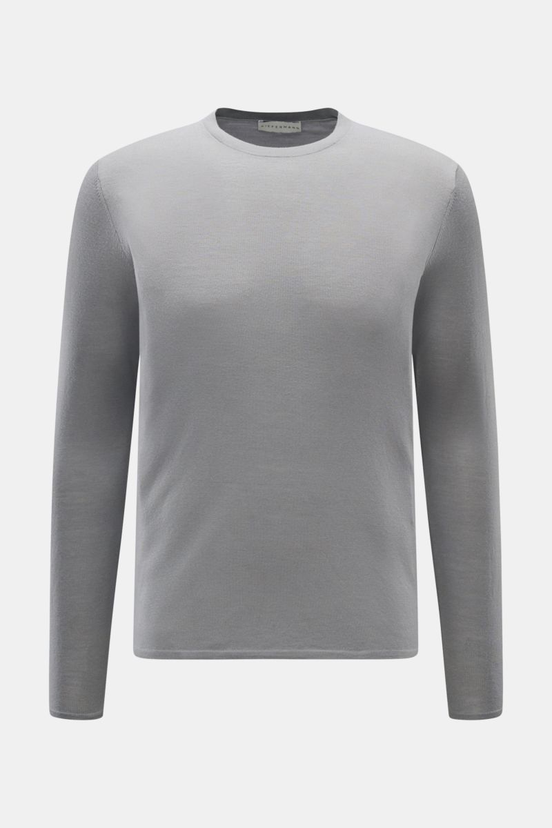 Kiefermann Merino Rundhalspullover 'Marleys' grau, Slim Fit, reine Merinowolle, feines Strickbild, weicher Griff, Rundhalsausschnitt, Frontansicht.