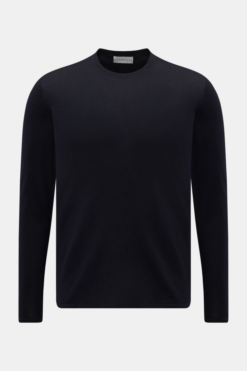 Kiefermann Merino Rundhalspullover 'Marleys' navy, Slim Fit, reine Merinowolle, weicher Griff, feines Strickbild, Rundhalsausschnitt, Frontansicht.