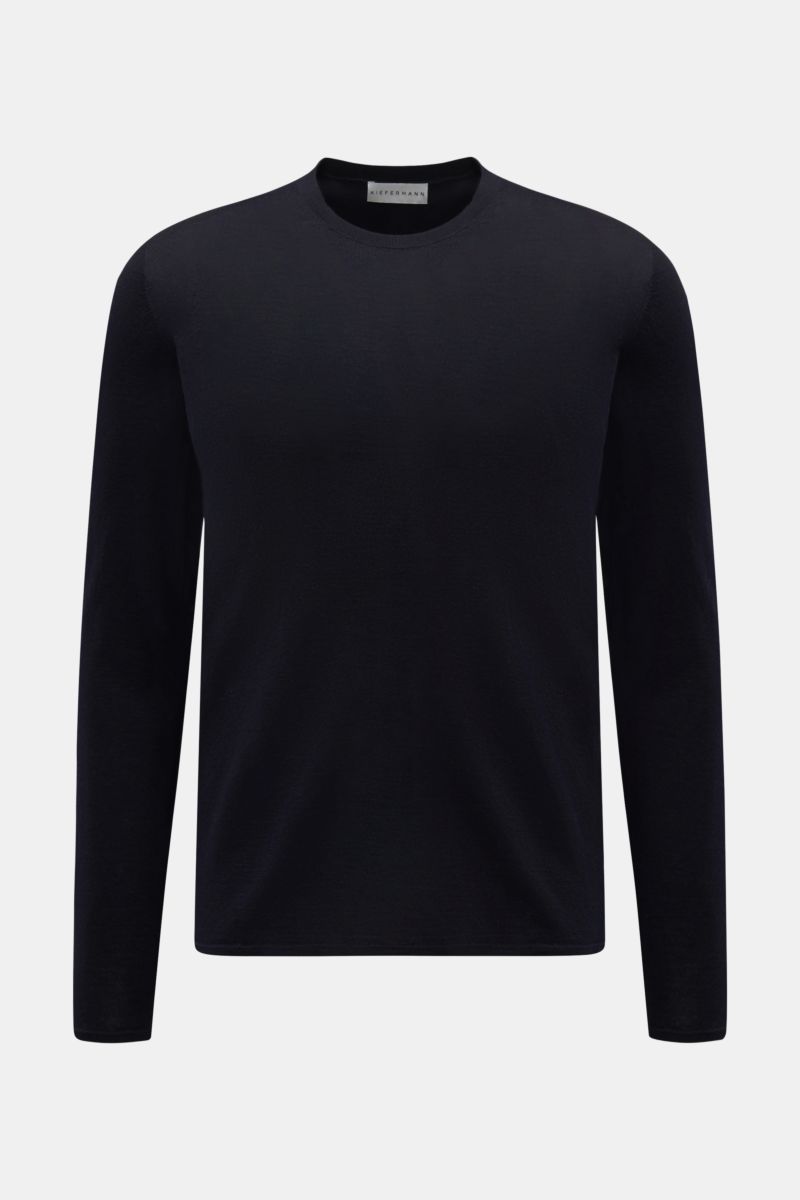 Kiefermann Merino Rundhalspullover 'Marleys' navy, frontale Ansicht, Slim Fit, reine Merinowolle, weicher Griff, feines Strickbild, Rundhalsausschnitt, zeitloses Feinstrick-Design, ideal als Layering-Piece.
