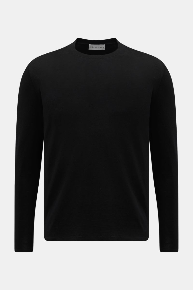 Kiefermann Merino Rundhalspullover 'Marleys' schwarz, Slim Fit, reine Merinowolle, feines Strickbild, weicher Griff, Frontansicht, Rundhalsausschnitt, luxuriöses Basic-Piece.