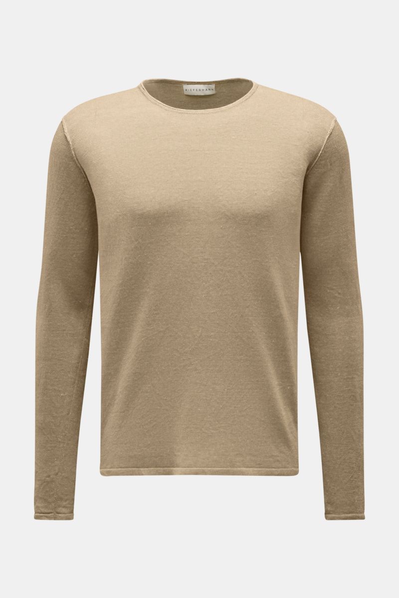 Front view of Kiefermann Crew neck jumper 'Jenario' sand mottled, a pure linen, fine knit, regular fit with slightly textured feel, ideal for summer and layering.