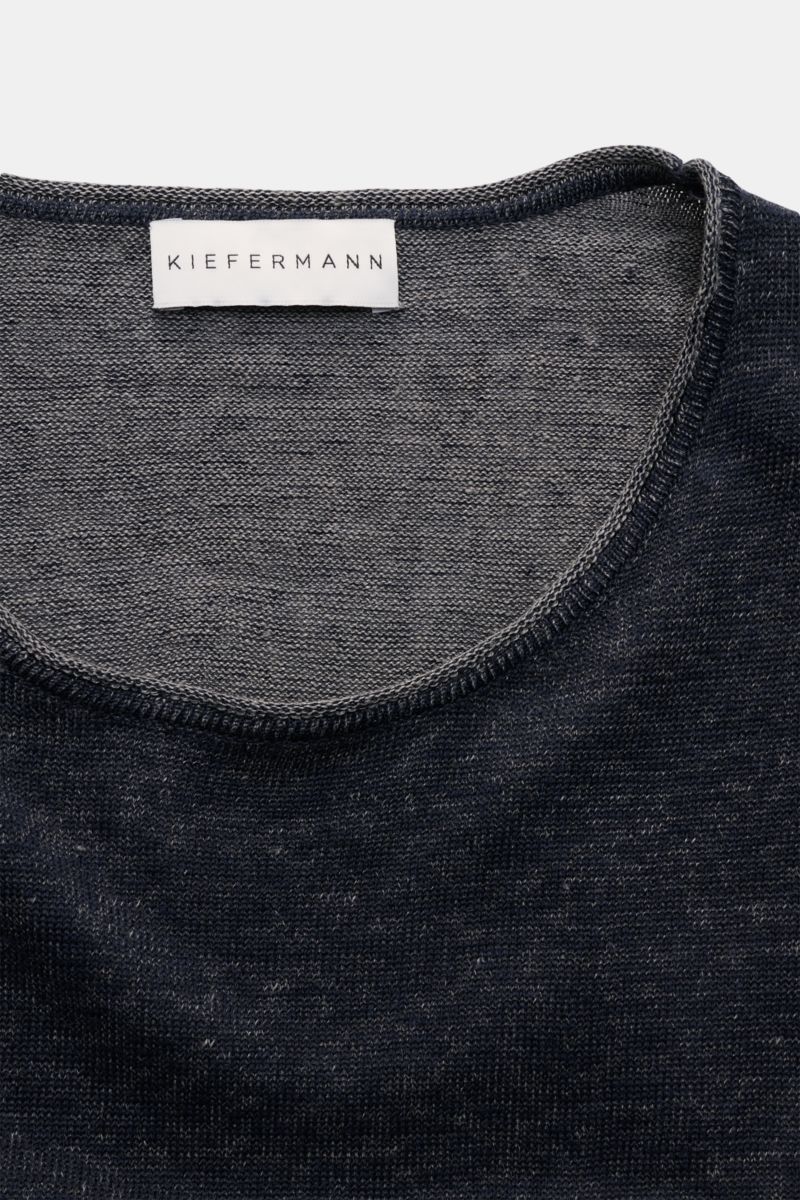 Close-up front view of the Kiefermann Crew neck jumper 'Jenario' navy mottled, showing fine knit pure linen fabric with slightly textured feel and crew neck. Ideal for summer temperatures and layering in the transitional period: The open texture of this j