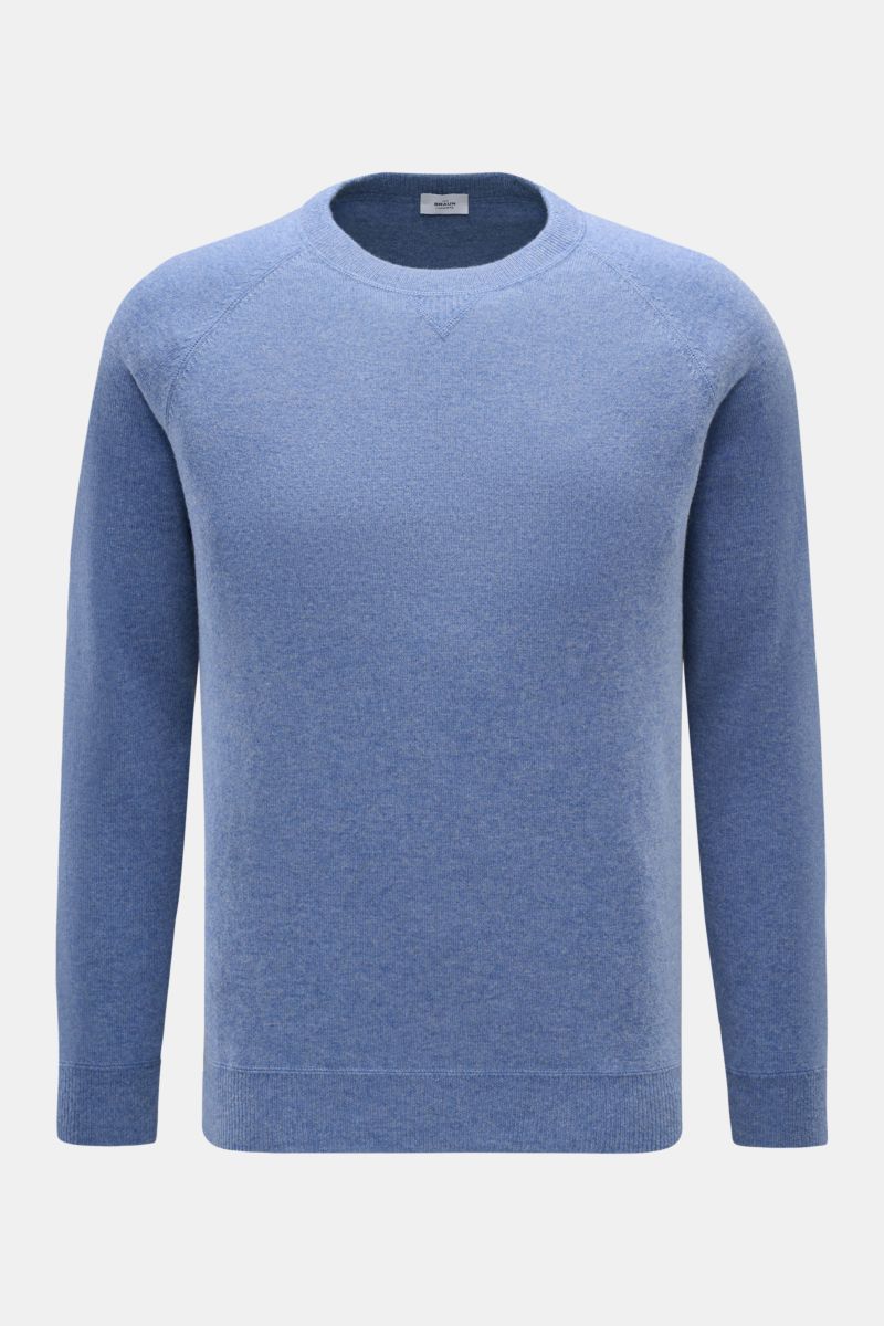 von Braun Cashmere Rundhalspullover blau meliert, Frontaufnahme, Regular Fit, weicher Griff, feines Strickbild, Raglanärmel, Rundhalsausschnitt, Rippbündchen