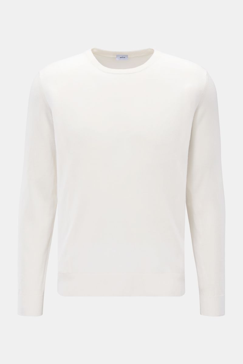 von Braun Merino Rundhalspullover creme, frontal fotografiert, edler Feinstrick aus reiner Merinowolle, Slim Fit, weicher Griff, feines Strickbild, Rundhalsausschnitt, elastische Rippbündchen, klassisches Basic für Übergangszeit.