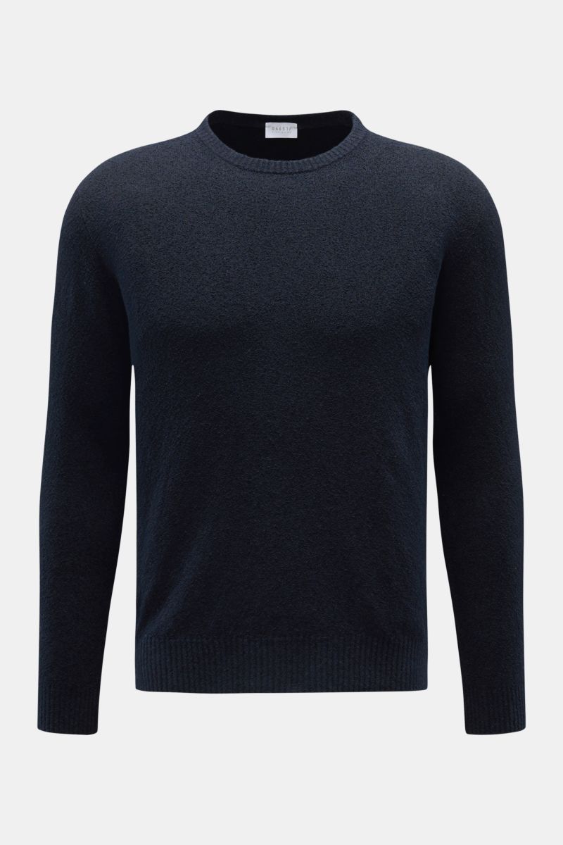 Front view of the 04651/ A trip in a bag Rundhalspullover 'Knit Terry Crew' navy with fine bouclé texture, slim fit, round neckline, flexible rib cuffs, made of cotton and microfiber blend with a lightly textured feel. Markante Frottee-Optik: Der feine Bo