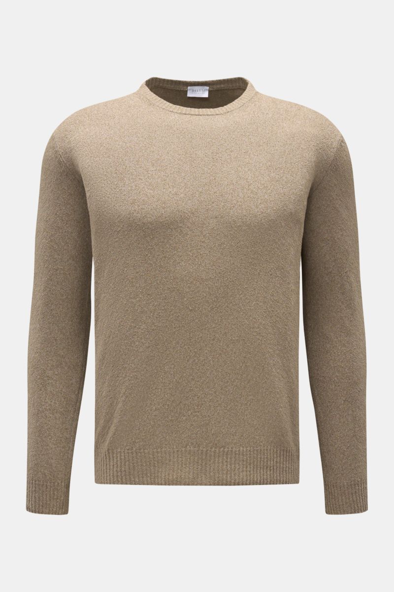 Front view of 04651/ A trip in a bag Rundhalspullover 'Knit Terry Crew' taupe in slim fit with fine boucle structure, cotton-microfiber blend, round neckline, and flexible rib cuffs, featuring a lightly textured terry look for comfortable wear.