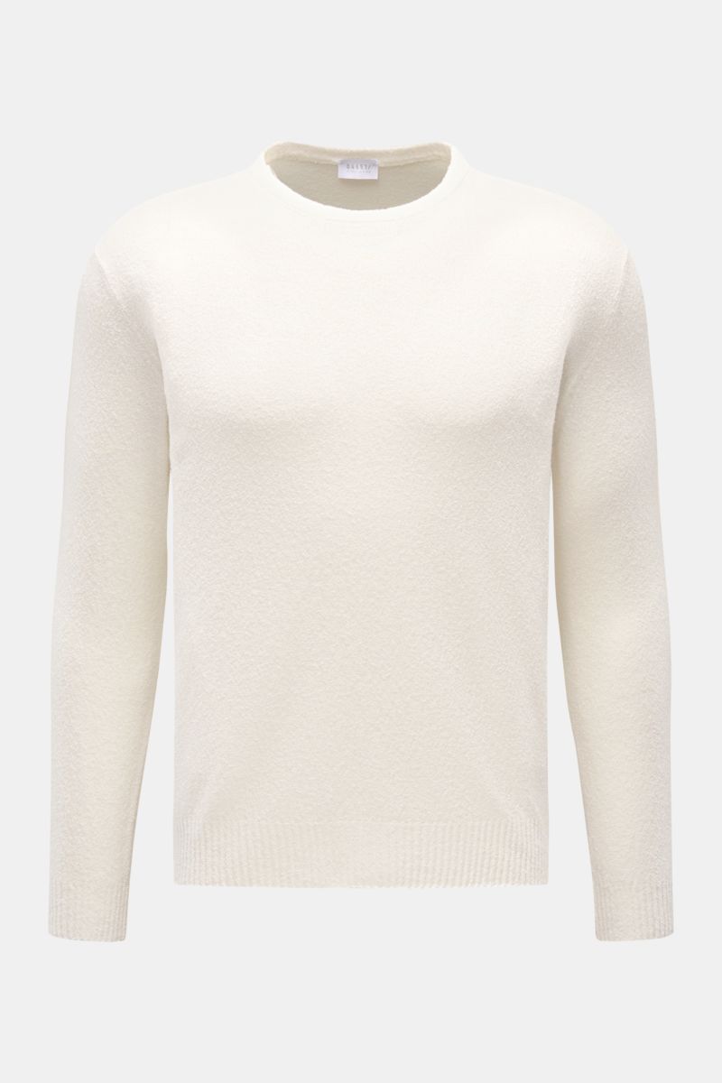 04651/ A trip in a bag Rundhalspullover 'Knit Terry Crew' offwhite in Slim Fit, vorne frontal, feine Bouclé-Struktur, Rundhalsausschnitt, flexible Rippbündchen, Baumwolle-Microfaser-Mix.