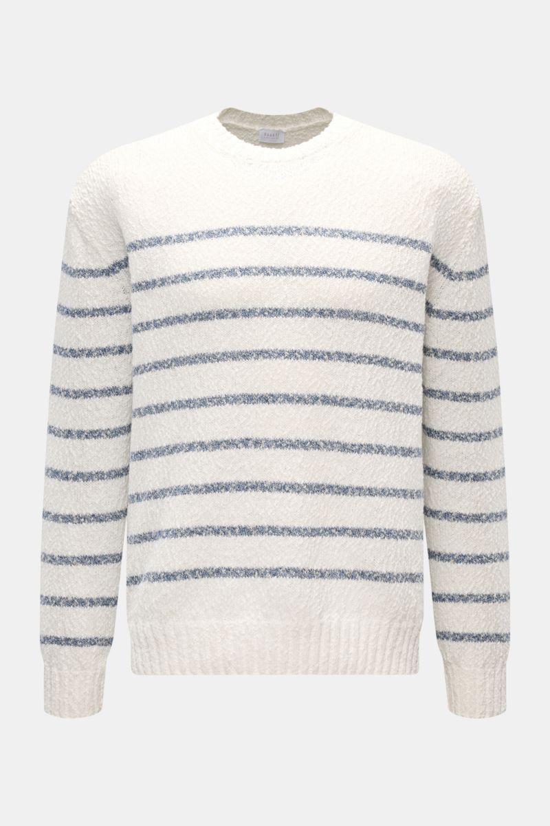 Frontansicht des 04651/ A trip in a bag Rundhalspullover 'Mouline Striped' offwhite/navy gestreift mit klassischem Streifenmuster, grobem Strickbild, Rundhalsausschnitt und komfortablen Rippbündchen aus reiner Baumwolle im Oversized Fit für lässige Überga