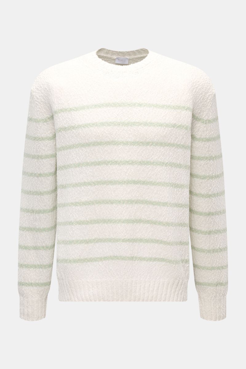 04651/ A trip in a bag Rundhalspullover 'Mouline Striped' offwhite/salbei gestreift, grob gestrickt, Oversized Fit, Rundhalsausschnitt, Rippbündchen, Frontansicht.