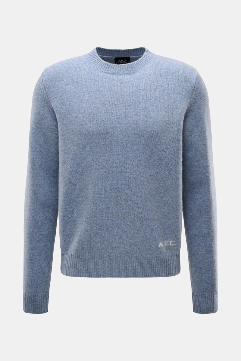 A.P.C. Rundhalspullover 'Edmond' rauchblau meliert aus reiner Wolle, Regular Fit, Front nah, mit Rundhalsausschnitt und Rippbündchen.