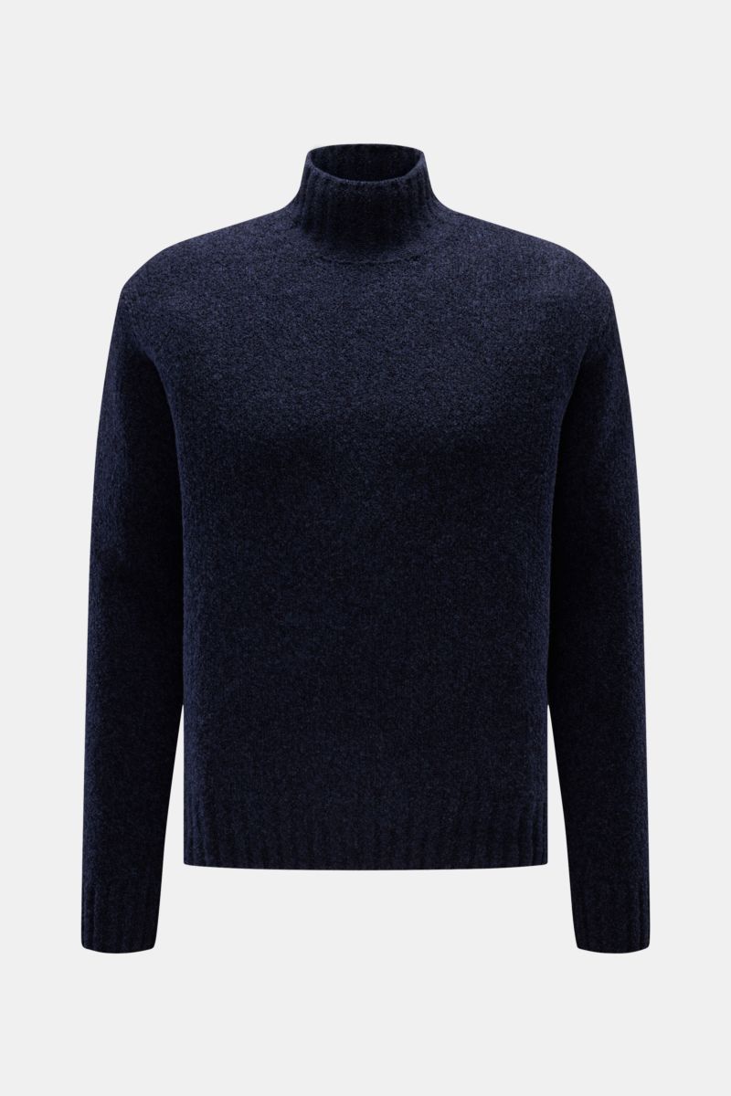 Front view of 04651/ A trip in a bag Mock neck jumper 'Grainy' navy melange, a warm wool blend in bouclé knit with high rib knit collar and wide ribbed bands.

For modern looks: The jumper 'Grainy' by 04651/ A TRIP IN A BAG is made of a warm wool blend