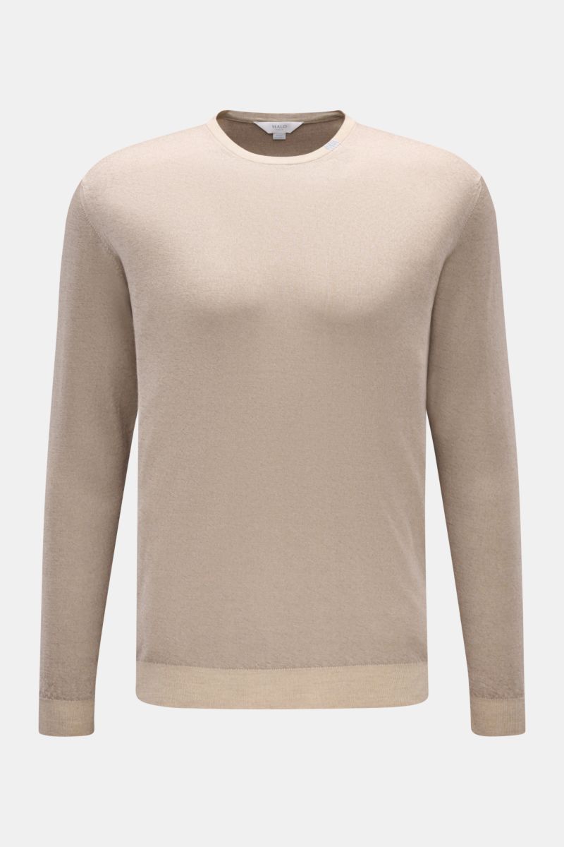 Front view of Malo Cashmere crew neck jumper beige mottled, slim fit with fine knit, pure cashmere, soft feel, ribbed bands, and embroidered neck detail.