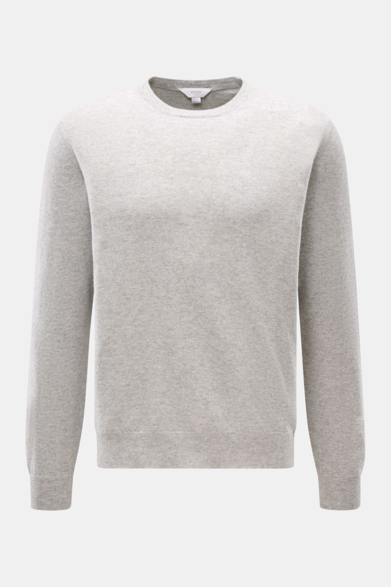 Malo Cashmere Rundhalspullover grau meliert, Slim Fit, feines Strickbild, weicher Griff, Rundhalsausschnitt, Rippbündchen, Frontansicht.