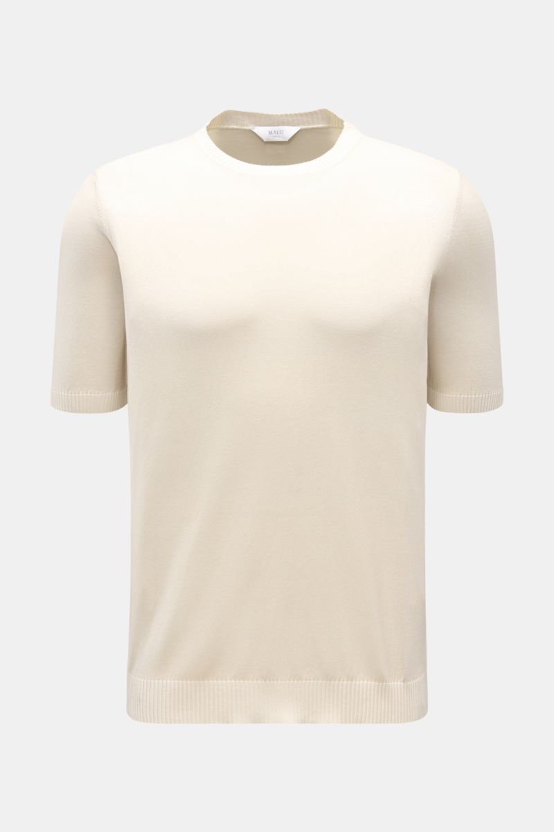 Malo Kurzarmpullover creme, frontal fotografiert, aus reiner Baumwolle mit weichem Griff, Regular Fit, feinem Strickbild, Rundhalsausschnitt, komfortablen Rippbündchen.