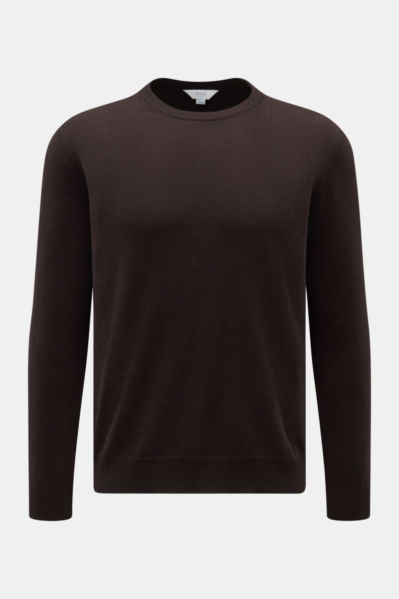 Malo Cashmere Rundhalspullover dunkelbraun, frontal fotografiert, Slim Fit, weicher Griff, feines Strickbild, Rippbündchen, reiner Cashmere.