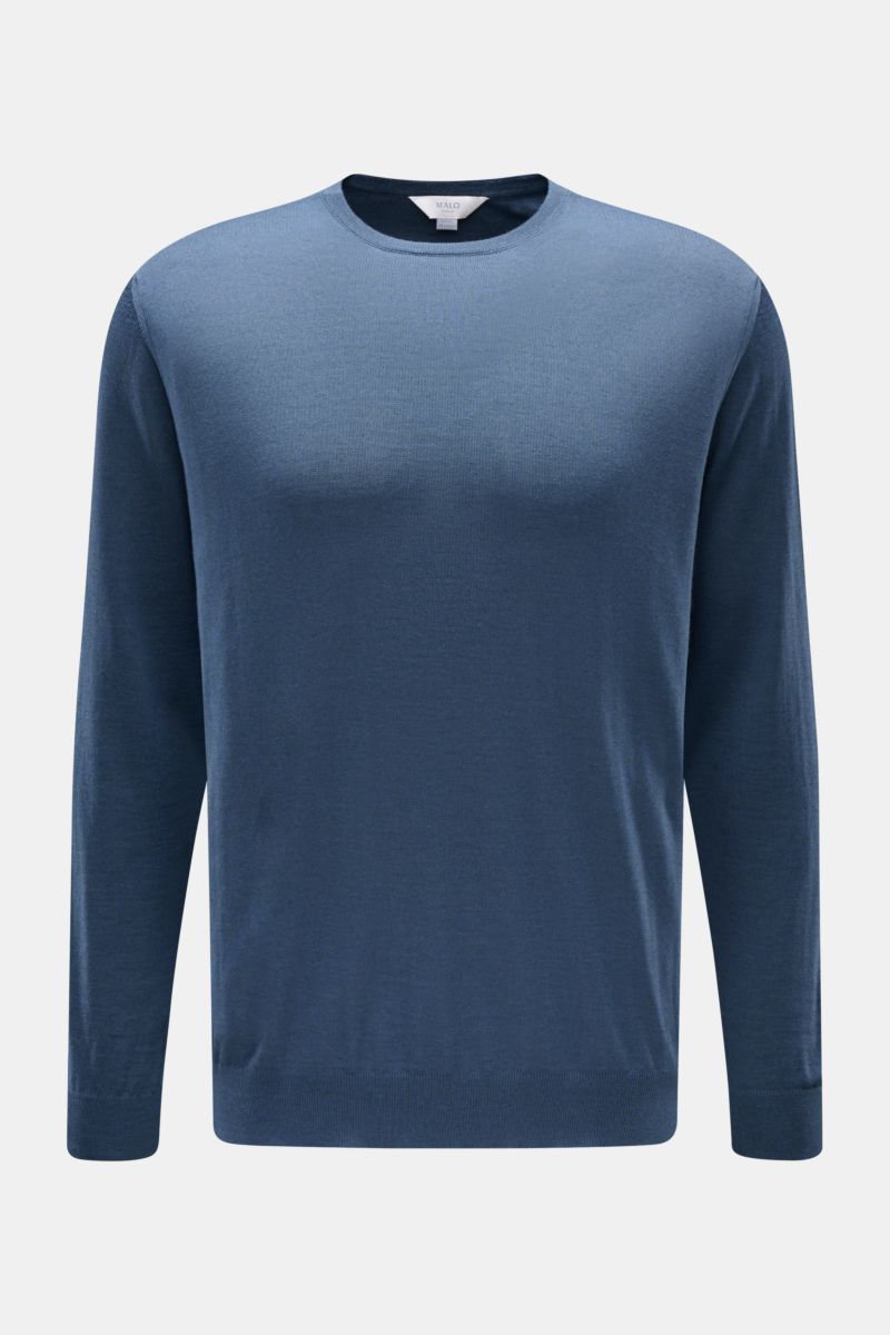 Front view of Malo Crew neck jumper dark blue in fine knit, slim fit with ribbed bands and crew neck, made of soft cashmere and silk blend.