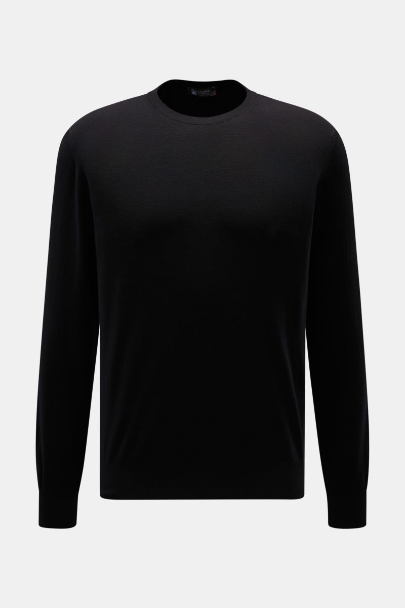Colombo Rundhalspullover schwarz, Frontansicht, aus reiner Kid Wool, Regular Fit, weicher Griff, Rundhalsausschnitt, Rippbündchen, subtiler Luxus