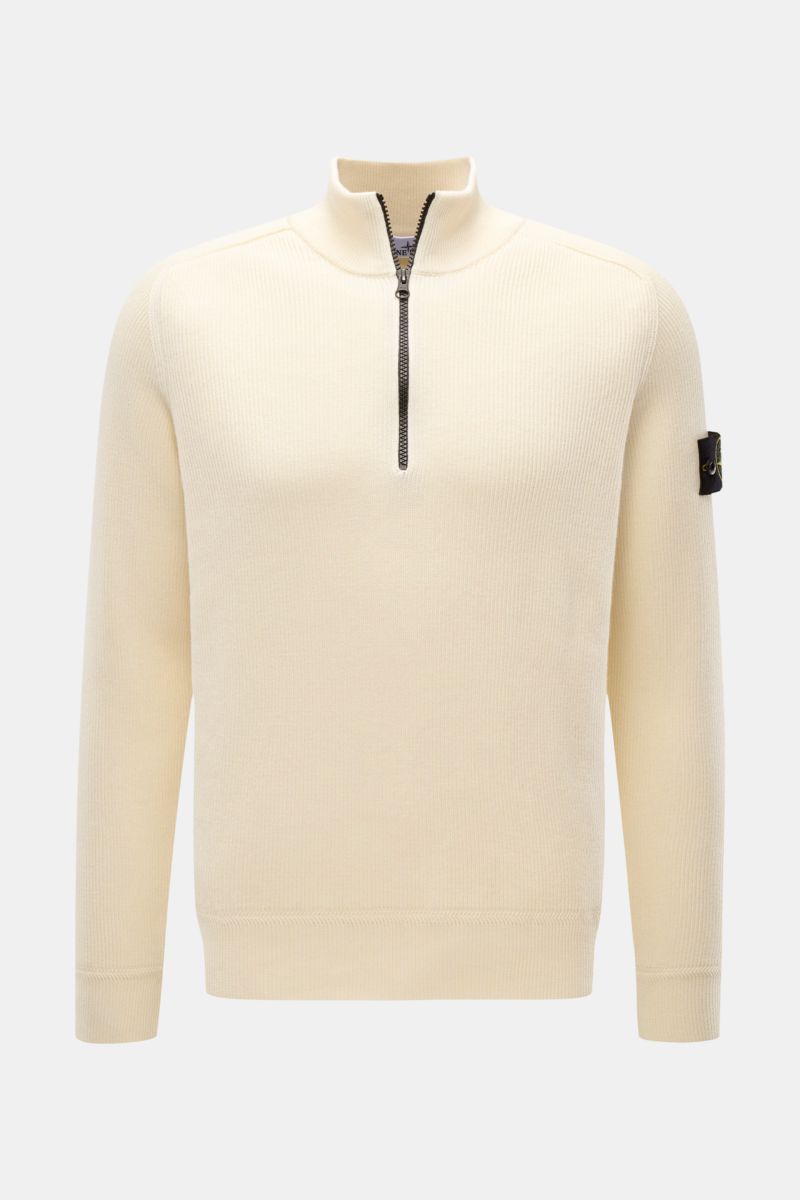 Stone Island Troyer pastellgelb aus Baumwollstrick mit halbem Reißverschluss, Raglanärmeln und Kompass-Badge, Frontalansicht.