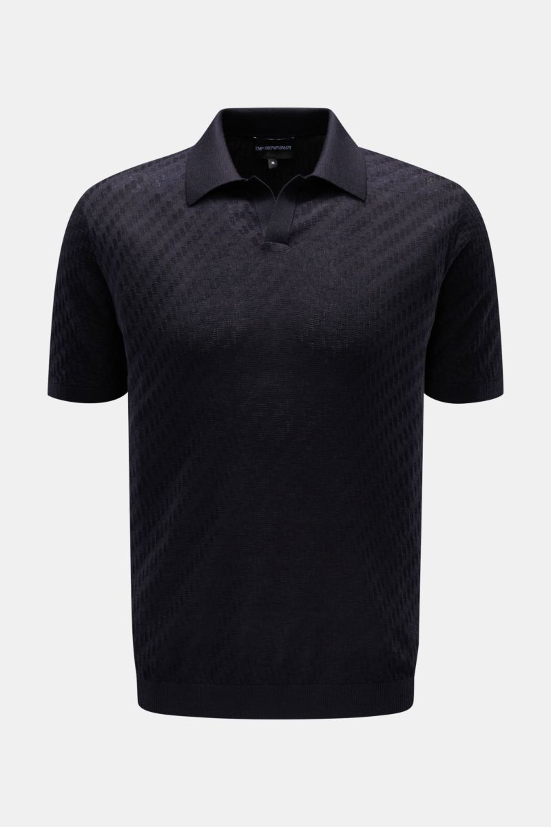 Emporio Armani Kurzarm-Strickpolo navy in Slim Fit, frontale Ansicht, Strukturstrick mit Polokragen und Rippbündchen aus Microfaser, Lyocell und Wolle.