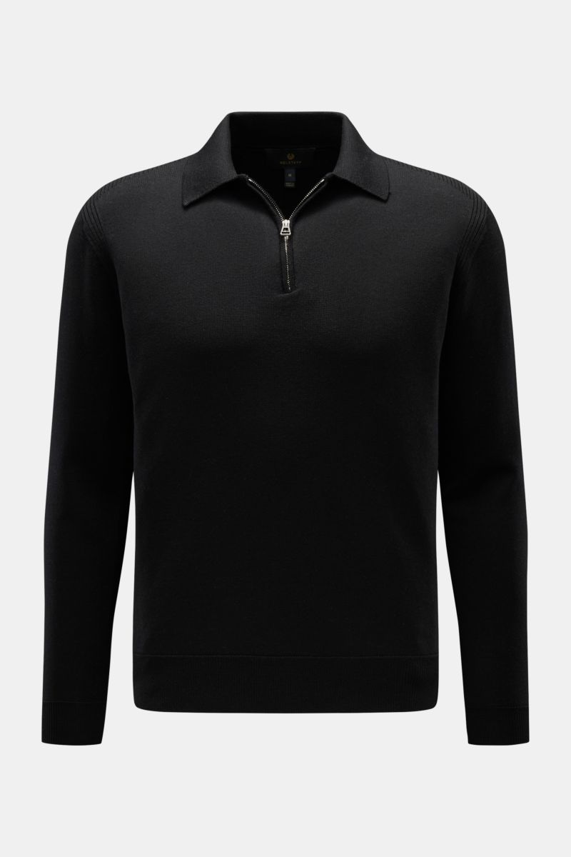 Front view of Belstaff Knit polo 'Kyle' black in pure wool with slim fit, soft feel, fine knit, zip collar, woven sleeve label, and ribbed bands.