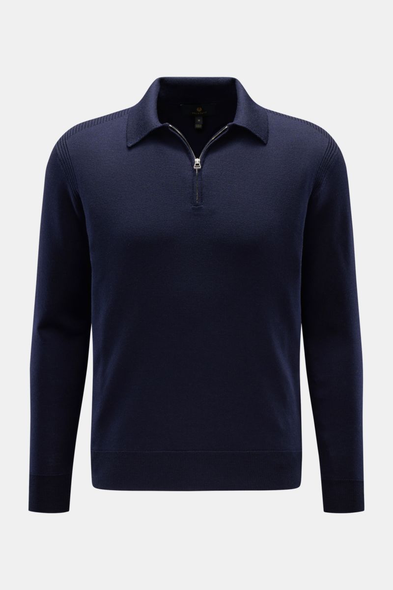 Front view of Belstaff Knit polo 'Kyle' navy in pure wool with a slim fit, zip polo collar, woven sleeve label, ribbed bands, and fine knit texture. Polo look meets fine wool: Stylish casual looks are effortless with this knit polo by BELSTAFF. Pure wool,