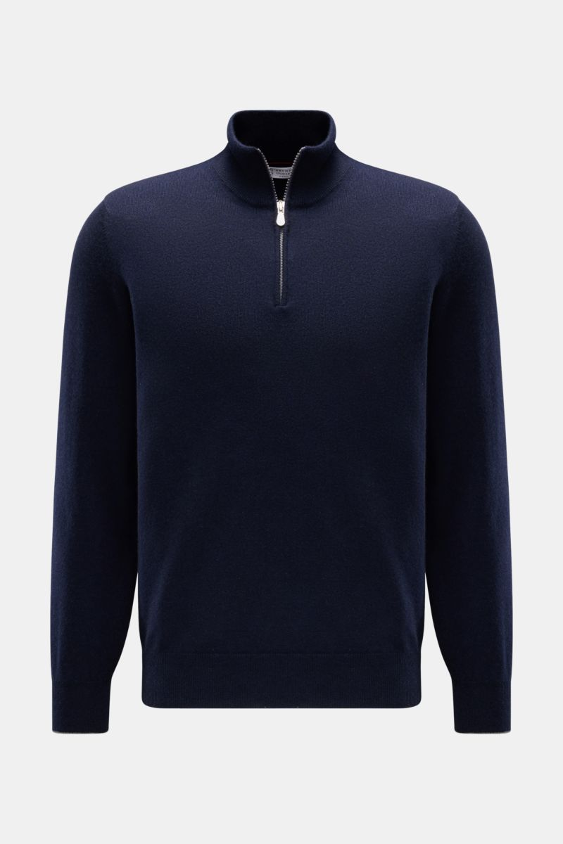 Front view of the Brunello Cucinelli Cashmere Troyer navy, a sportive leisure essential made in Solomeo from pure cashmere with a very soft touch, fine knit pattern, narrow contrast edges, regular fit, Troyer collar with zipper, and flexible ribbed cuffs.
