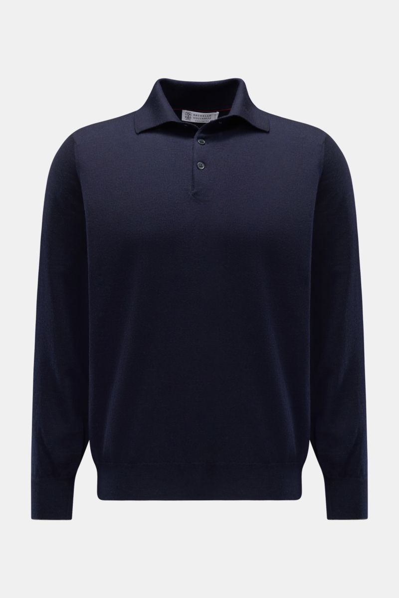 Front view of the Brunello Cucinelli Strickpolo navy, a long-sleeve polo shirt made from a mix of virgin wool and cashmere with a soft touch, fine knit, slim contrast edges, regular fit, classic collar, three-button placket, and flexible ribbed cuffs. 