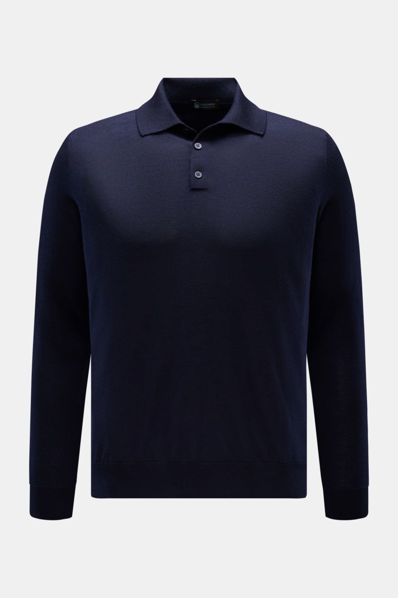 Colombo Strickpolo dark navy, Feinstrick aus Cashmere und Seide, Slim Fit, Polokragen, Drei-Knopf-Leiste, frontale Ansicht, weicher Griff.
