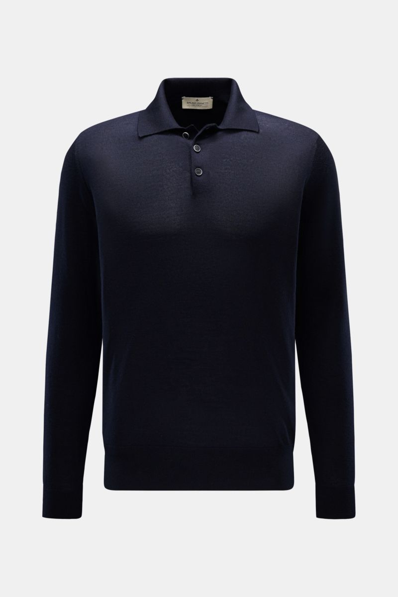 Bruno Manetti Strickpolo navy, Slim Fit, vorne fotografiert, aus weichem Cashmere-Seiden-Mix mit gestricktem Polokragen, Drei-Knopf-Leiste, Rippbündchen.