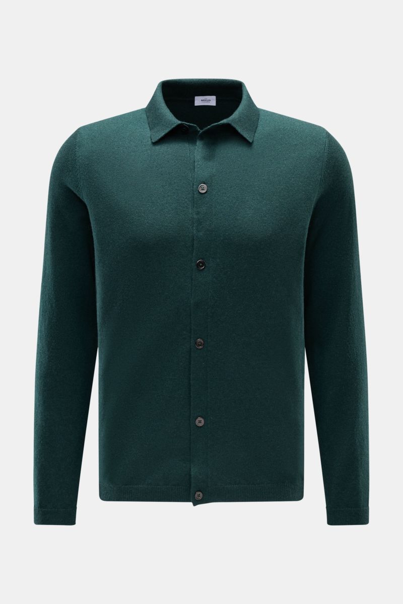 Vorderansicht des von Braun Cashmere Strickhemd dunkelgrün, Slim Fit mit Umlegekragen, glatter Knopfleiste, Rippbündchen, feinem Strickbild aus reinem mongolischem Cashmere.
