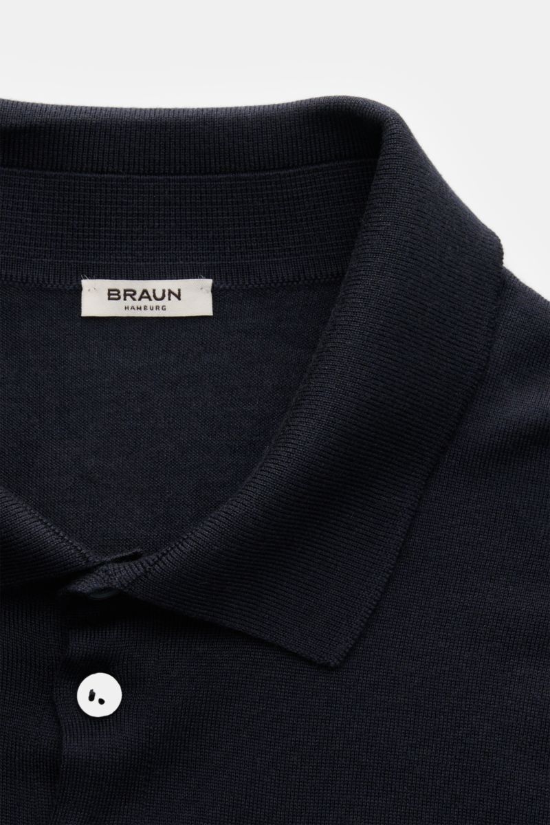 Gran Sasso Fine knit polo navy shown from a close-up top-front perspective, highlighting the soft virgin wool, cashmere, silk blend, slim fit, ribbed bands, signature collar, and smooth four-button placket. Luxury you can feel on your skin: This long slee