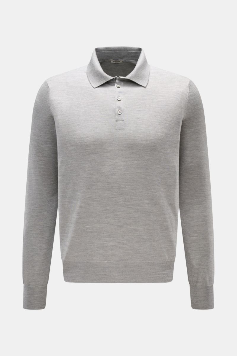 Front view of Gran Sasso Fine knit polo light grey mottled, a long sleeve slim fit knit polo with a signature collar, four-button placket, and ribbed bands. Luxury you can feel on your skin: This long sleeve knit polo by BRAUN HAMBURG has an exceptionally