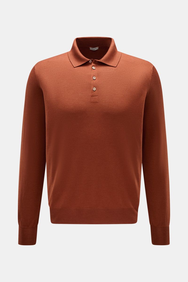 Front view of Gran Sasso Fine knit polo rust brown, a long sleeve knit polo by BRAUN HAMBURG made from a luxurious blend of virgin wool, cashmere, and silk. It features a very soft feel, very fine knit, slim fit, signature polo shirt collar, smooth four-b