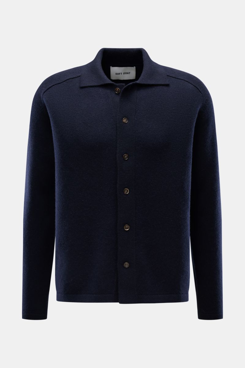 Front view of Soft Goat Cashmere cardigan navy, sustainably produced slim fit cashmere knit with turn-down collar, raglan sleeves, six-button placket, and wide ribbed bands, showcasing a very soft feel and medium-fine knit.