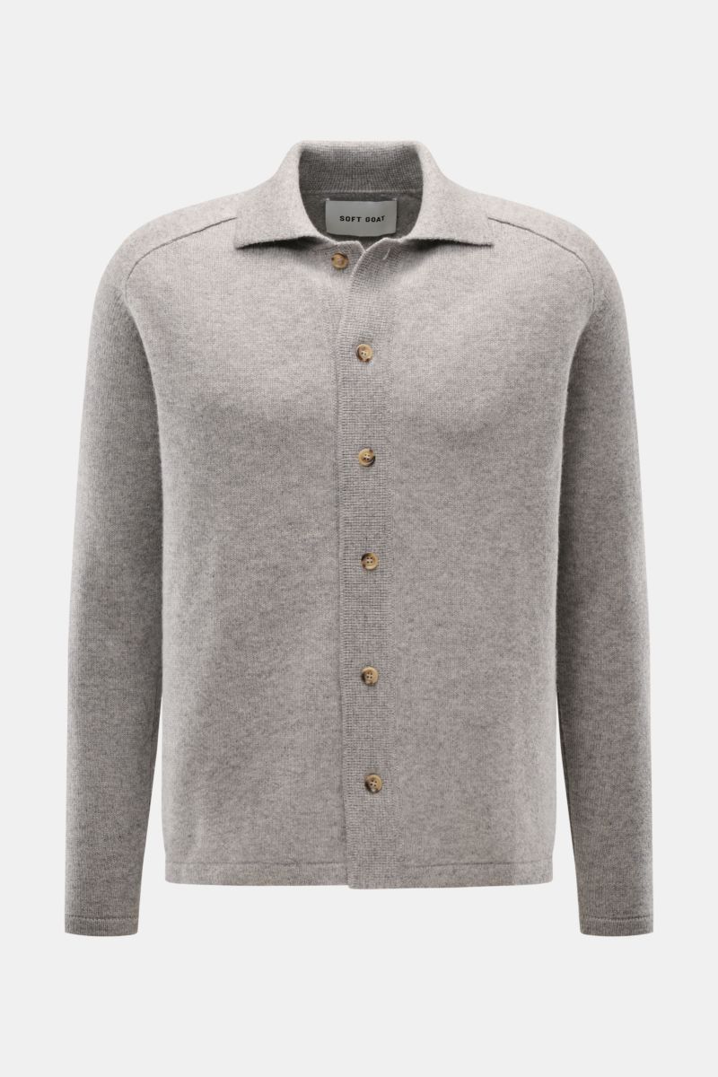Front view of Soft Goat Cashmere cardigan grey, slim fit with turn-down collar, raglan sleeves, six-button placket, and wide ribbed bands, made from pure sustainable cashmere with a very soft feel and medium-fine knit. Sustainably produced and certifie