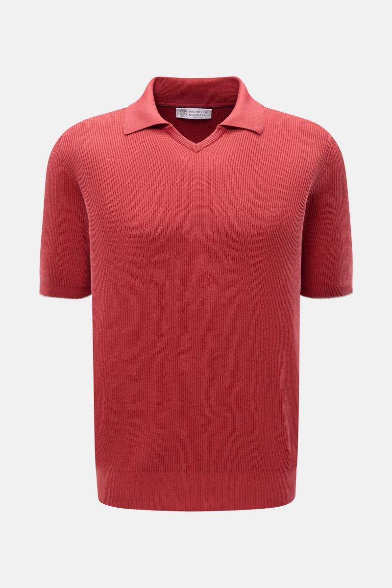 Brunello Cucinelli Kurzarm-Strickpolo rot, Frontansicht, aus reiner Baumwolle, Regular Fit mit klassischem Polokragen, offener Kragenleiste und Rippbündchen.