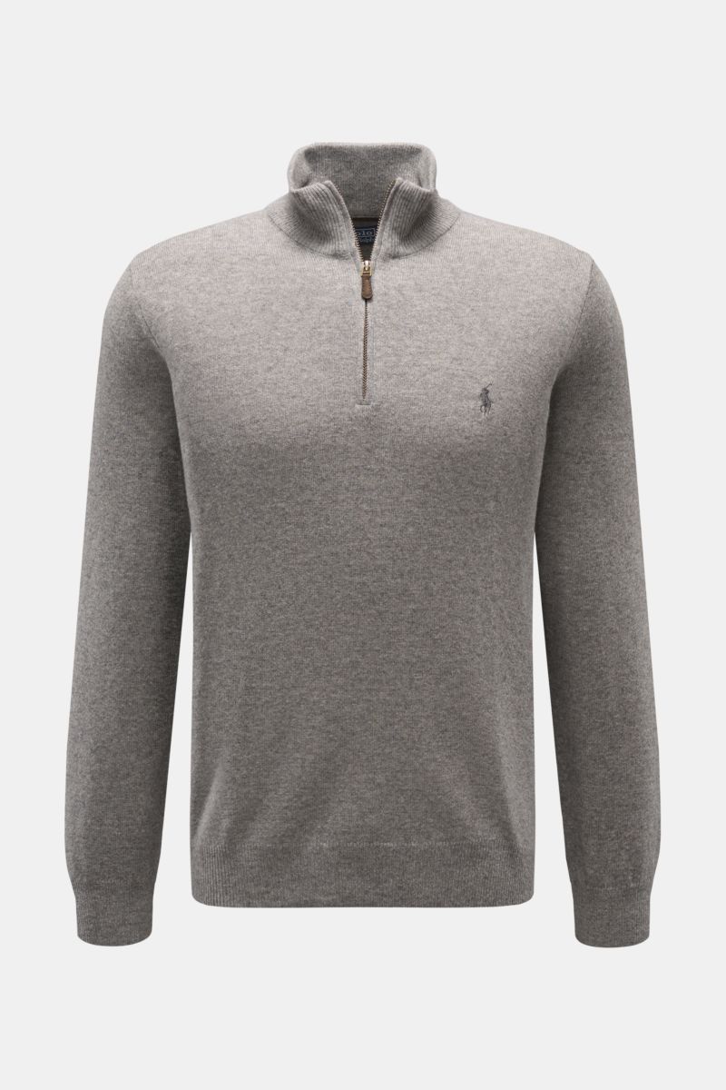 Polo Ralph Lauren Troyer grau meliert, frontale Ansicht, Slim Fit Rollkragenpullover aus reiner, softer Wolle mit Reißverschluss, Logo-Stitching, elastischen Bündchen.