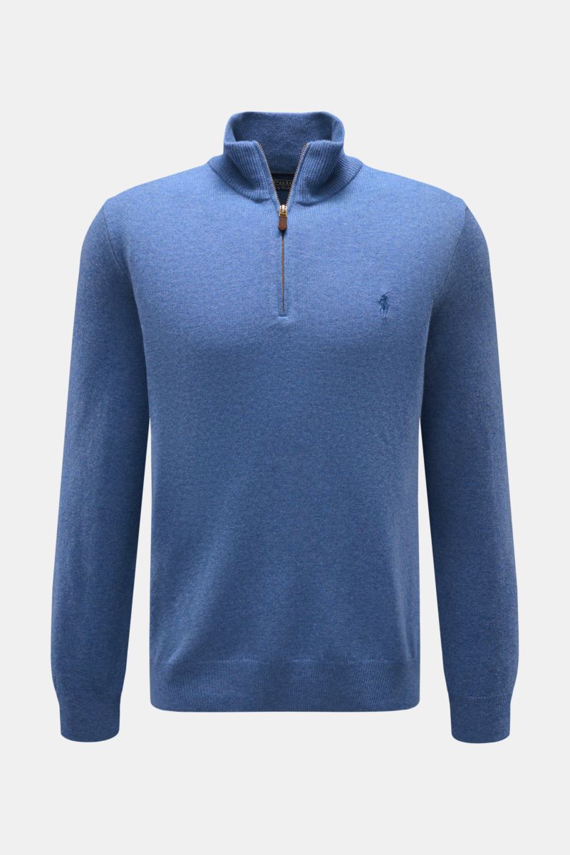 Polo Ralph Lauren Troyer blau meliert aus reiner, softer Wolle, Slim Fit, feines Strickbild, Rollkragen mit Reißverschluss, frontale Perspektive.
