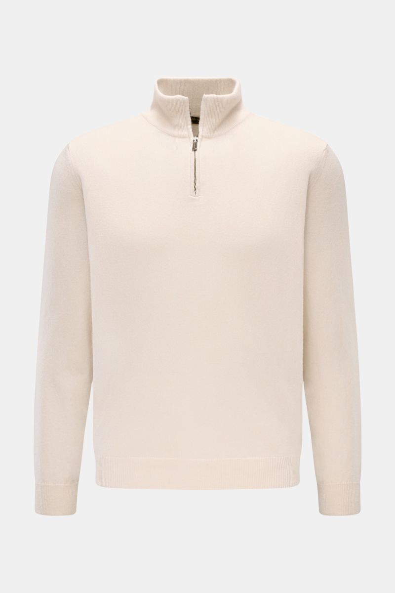 Front view of Moorer Half-zip jumper 'Terni' cream, cashmere and silk blend, soft feel, fine knit, slim fit, signature half-zip jumper collar with zip, flexible ribbed bands.
