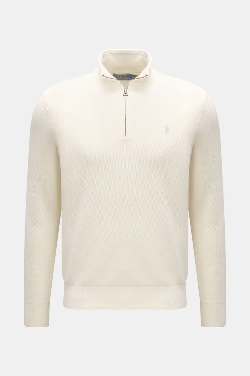 Polo Ralph Lauren Troyer offwhite in Frontansicht, aus reiner Baumwolle, mit dreidimensionalem Strukturstrick, Troyer-Kragen mit Reißverschluss und Polospieler-Stitching.