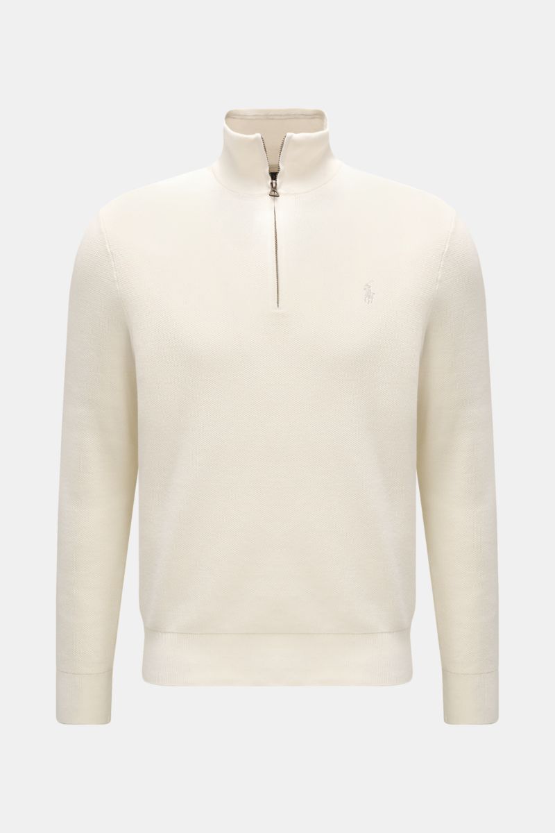 Front view of Polo Ralph Lauren Half-zip jumper off-white, made of soft pure cotton with a half-zip collar and subtle chest logo, fine knit texture.

Description: A essential for mild days: This half-zip jumper by POLO RALPH LAUREN is made of high-qual