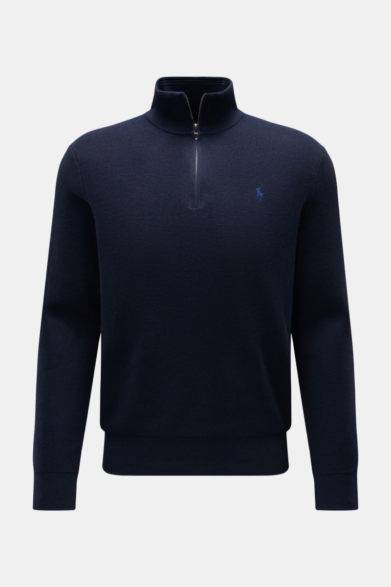Polo Ralph Lauren Troyer navy aus reiner Baumwolle, mittelfeines Strickbild, Regular Fit, Troyer-Kragen mit Reißverschluss, frontale Ansicht.
