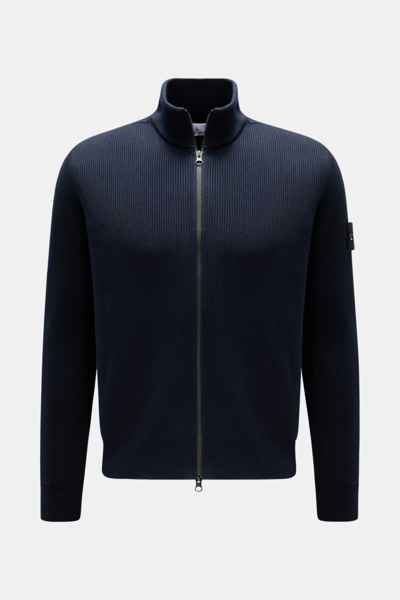 Front view of Stone Island Strickjacke 'Rib' navy with ribbed cotton knit, two-way zipper, stand collar, cuffed sleeves, and compass badge on upper arm.