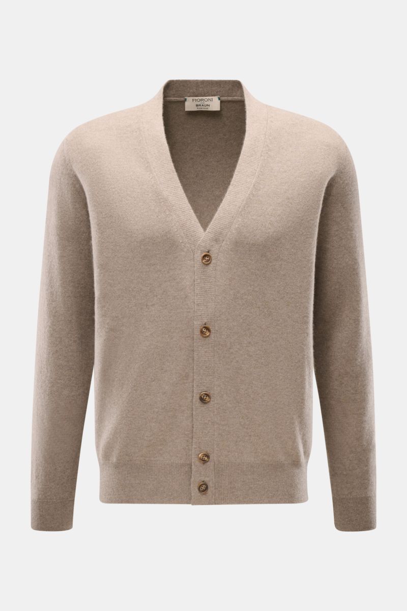 Front view of Fioroni Cashmere cardigan taupe mottled, made from pure baby cashmere with a fine knit, slim fit, smooth button placket, and flexible ribbed bands, showcasing exquisite Italian craftsmanship.
