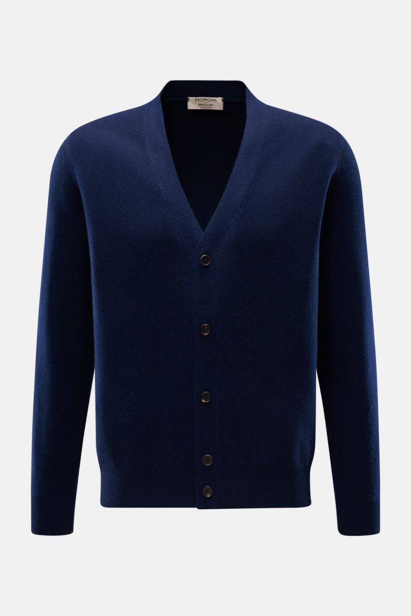 Front view of Fioroni Cashmere cardigan dark blue, a slim fit, fine knit baby cashmere piece with smooth button placket and flexible ribbed bands, showcasing exquisite Italian craftsmanship.