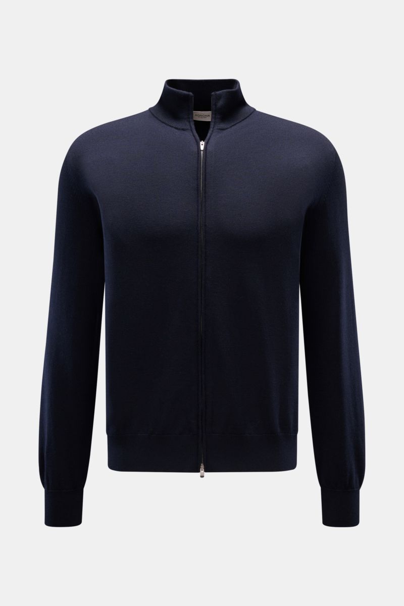 Agnona Strickjacke navy, Slim Fit, aus weicher reiner Wolle, mit Zwei-Wege-Reißverschluss, hohem Kragen, Rippbündchen, frontal fotografiert.