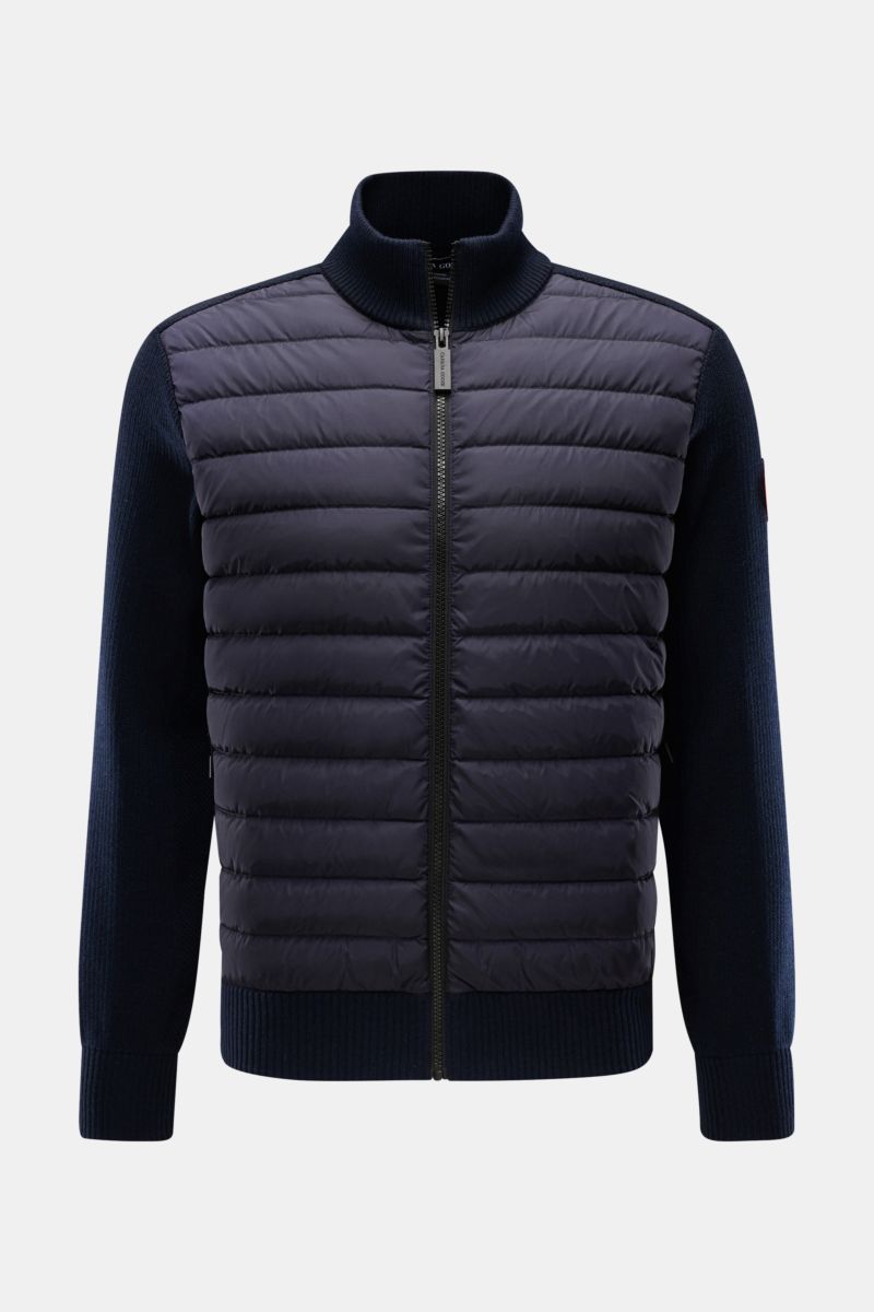 Canada Goose Strickjacke 'Hybridge Knit' navy, frontale Ansicht, Daunen-gefüllte gesteppte Front, reine Wolle, Slim Fit, Stehkragen, Reißverschluss, Zipper-Taschen.