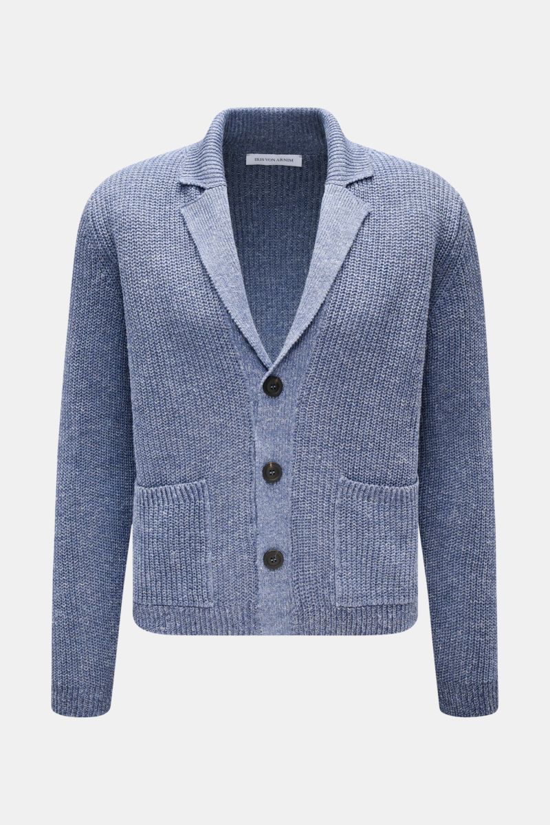 Front view of Iris von Arnim Cardigan 'Larion' smoky blue mottled with voluminous brioche knit, linen-cotton blend, three-button placket, rib knit collar, and front pockets.